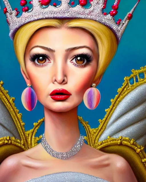Image similar to closeup profile portrait of a tin toy ivanka trump as a fairytale princess wearing a crown and eating cakes, bikini, hyper realistic, artstation, illustration, nicoletta ceccoli, mark ryden, lostfish, max fleischer, digital paint, matte paint, vivid colors, bright, cheerful, detailed and intricate environment