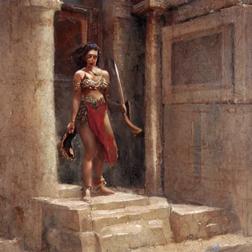 Prompt: a scrappy bronze age thief woman, ancient mesopotamia, looking around a corner, sword and sandal character portrait by gaston bussiere, craig mullins, greg rutkowski