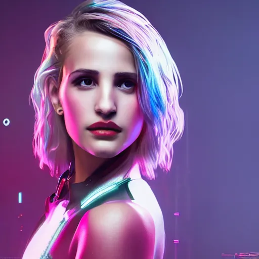 Prompt: dianna agron portrait, Cyberpunk 2077, photorealistic, ultra detailed, cybernetic body parts, neon, octane, bokeh, 8k