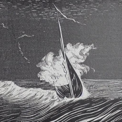 Prompt: european woodcut of a wooden sailing vessel on a stormy, turbulent sea maelstrom on a moonlit night. high quality art. light and shadow.