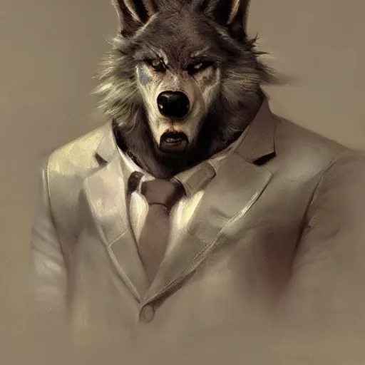 Image similar to werewolf wearing a suit by ruan jia, portrait