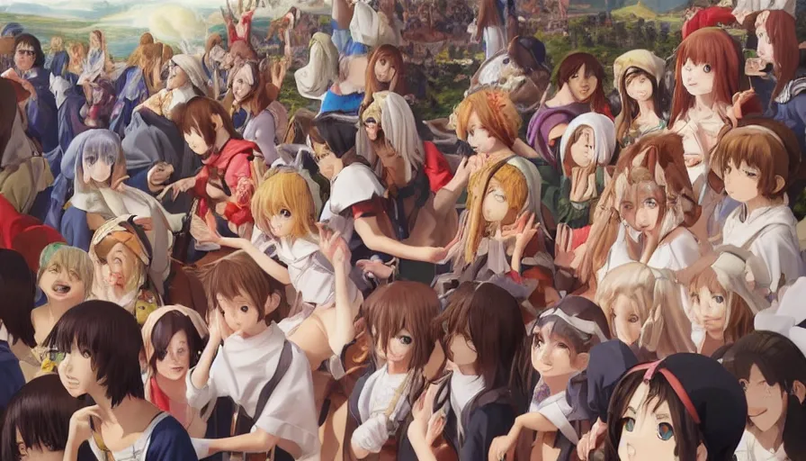 Image similar to jesus christ surrounded by cute anime girls, photorealistic, anime, mini skirt, neko, cat ears, renaissance painting, hyper real, detailed, wide angle shot, ultra detailed