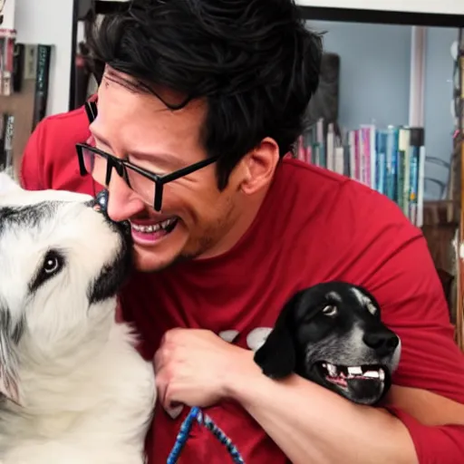 Prompt: a caricature of Markiplier laughing happily as he pets his dog.