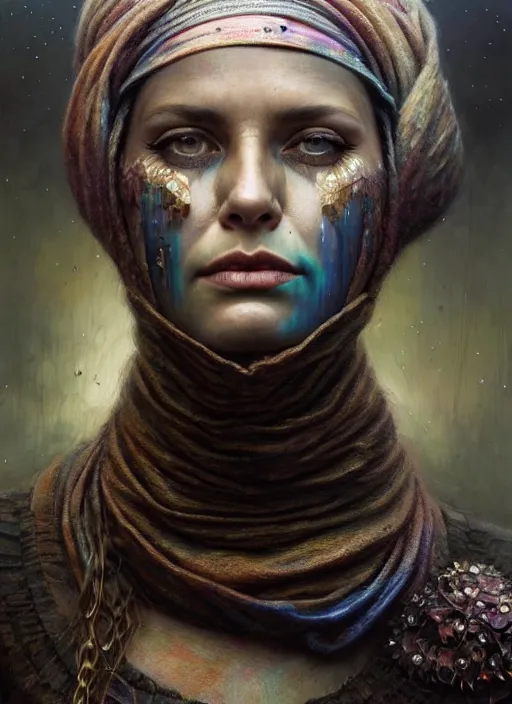 Image similar to closeup portrait shot of a glitched woman wearing a bandana in a scenic dystopian environment, intricate, elegant, highly detailed, centered, digital painting, artstation, concept art, smooth, sharp focus, illustration, artgerm, tomasz alen kopera, peter mohrbacher, donato giancola, joseph christian leyendecker, wlop, boris vallejo