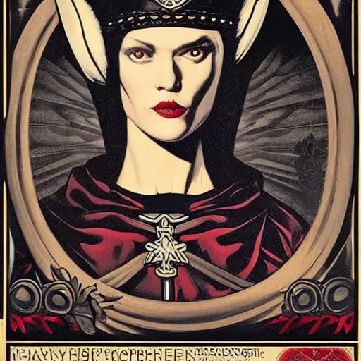 Image similar to Illustrated by Shepard Fairey and H.R. Geiger | a renaissance style portrait painting of raven winged female vampire in VR helmet, wearing a crown and cape, dark background