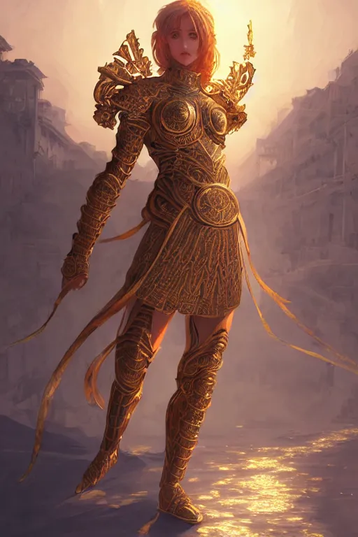 Prompt: knights of zodiac girl, golden and copper armor, karate fighting in ruined agora of athens sunrise, ssci - fi and fantasy, intricate and very very beautiful and elegant, highly detailed, digital painting, artstation, concept art, smooth and sharp focus, illustration, art by tian zi and wlop and alphonse mucha