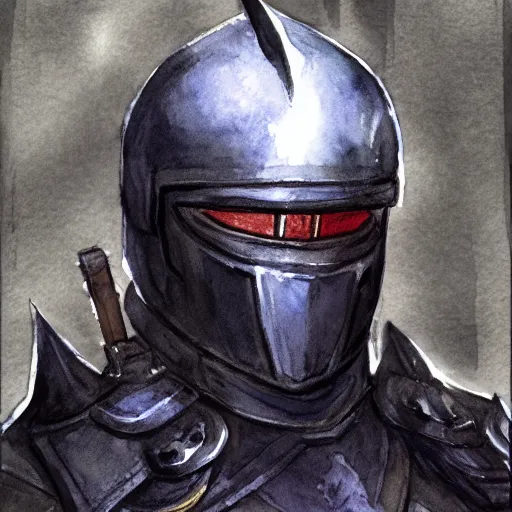 Image similar to watercolor, final fantasy tactics character design, knight wearing plate armor, knight wearing helmet, character portrait, evil, shrouded in pitch black darkness