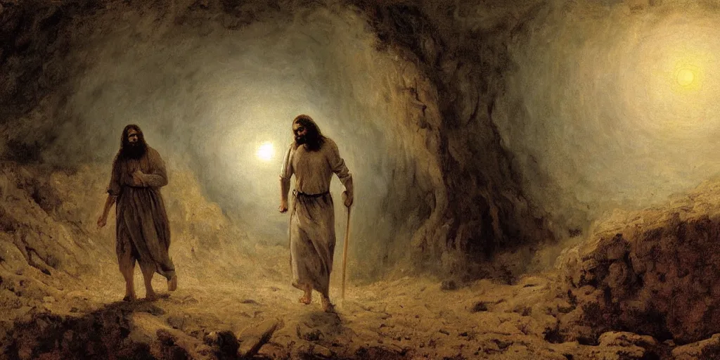 Prompt: Jesus Christ, walking through hell, a fantasy digital Painting, by Gustave Courbet