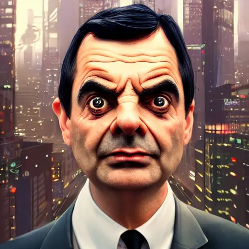 Image similar to mr bean, head and shoulder shot, cyberpunk city, city background, 4k, beautiful face, hyperdetailed, trending on artstation, digital art