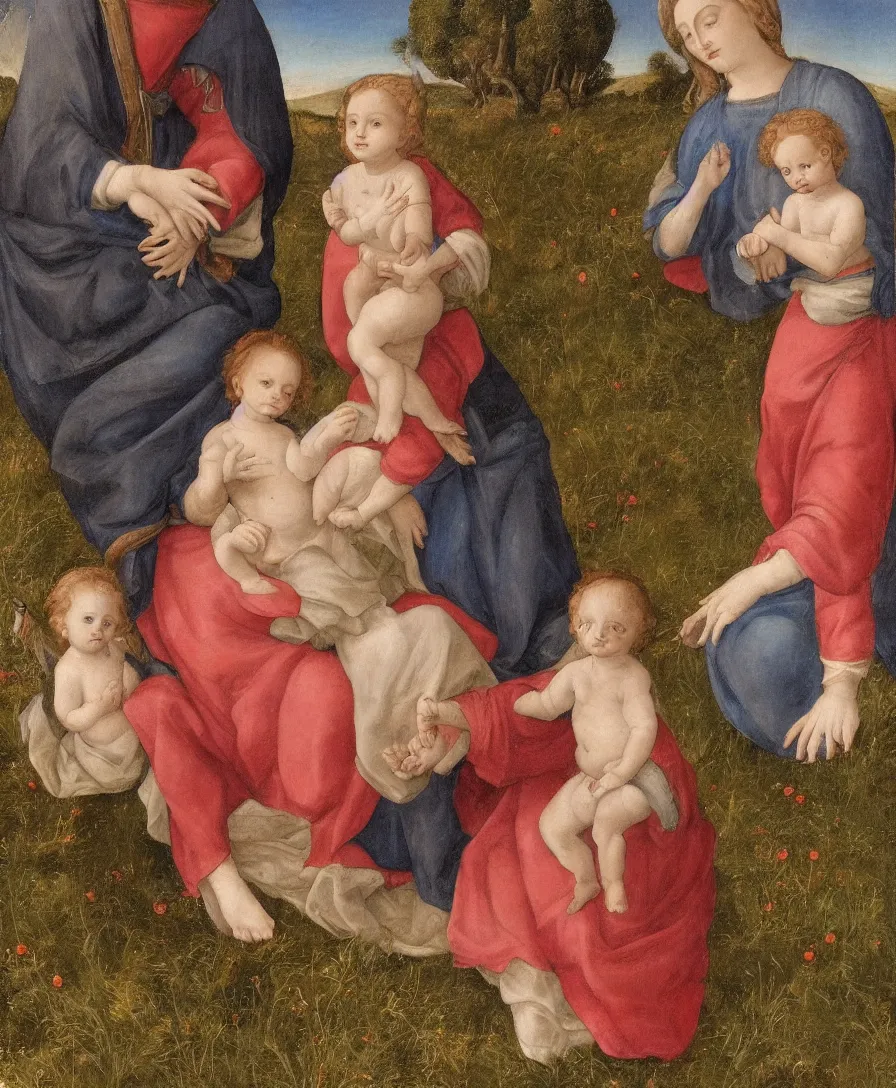 Prompt: Detailed Portrait of Madonna, with infant Jesus and another boy playin in front of her in the style of Raffael. Red hair. They are sitting in a dried out meadow near in Tuscany, red poppy in the field. On the horizon there is a blue lake with a town and blue mountains. Flat perspective.