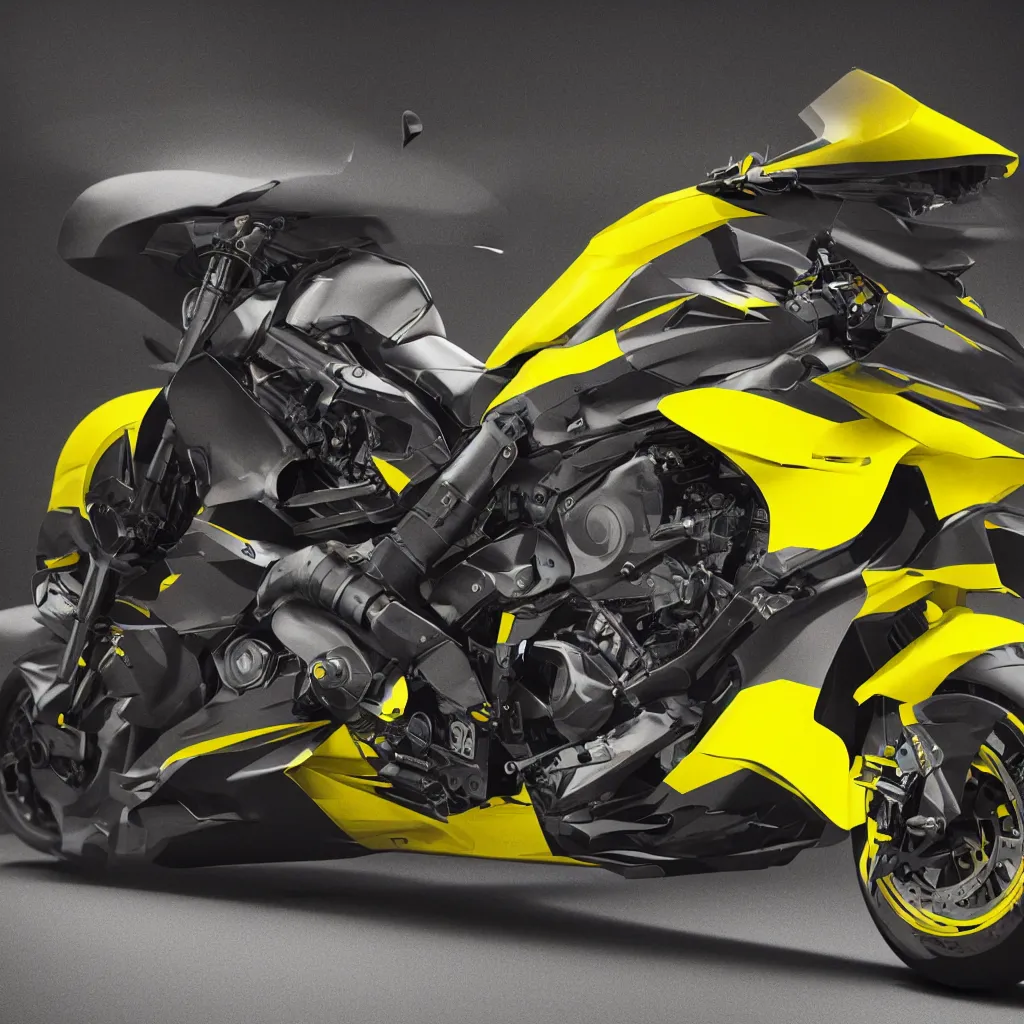 Prompt: “Hyper realistic motorbike on track, black color, yellow details, carbon fiber, superbike, streetfighter ,design, Cinematography, mega scans, cinematic, hyper realistic, photo real, cinematic compositoio, highly detailed, vray, 8k render, high rendering”