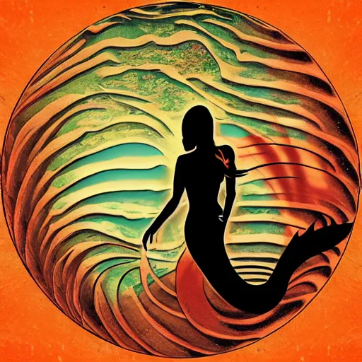 Image similar to a mermaid in the style of an Earth, Wind, and Fire album cover