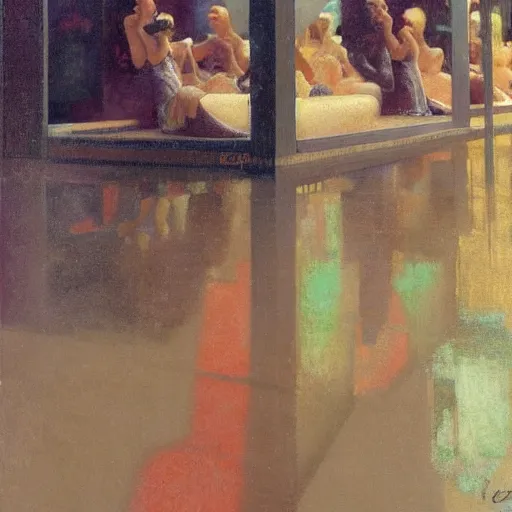 Image similar to 1 9 3 0 s detailed oil painting of a woman, cyberdeco cloisters, electronic billboards, tech noir, wet reflections, atmospheric, ambient, livia prima, george tooker, greg rutkowski, wlop, gil elvgren, grant wood, alexis flower, hopper, mucha, whistler, norman rockwell, peter max,