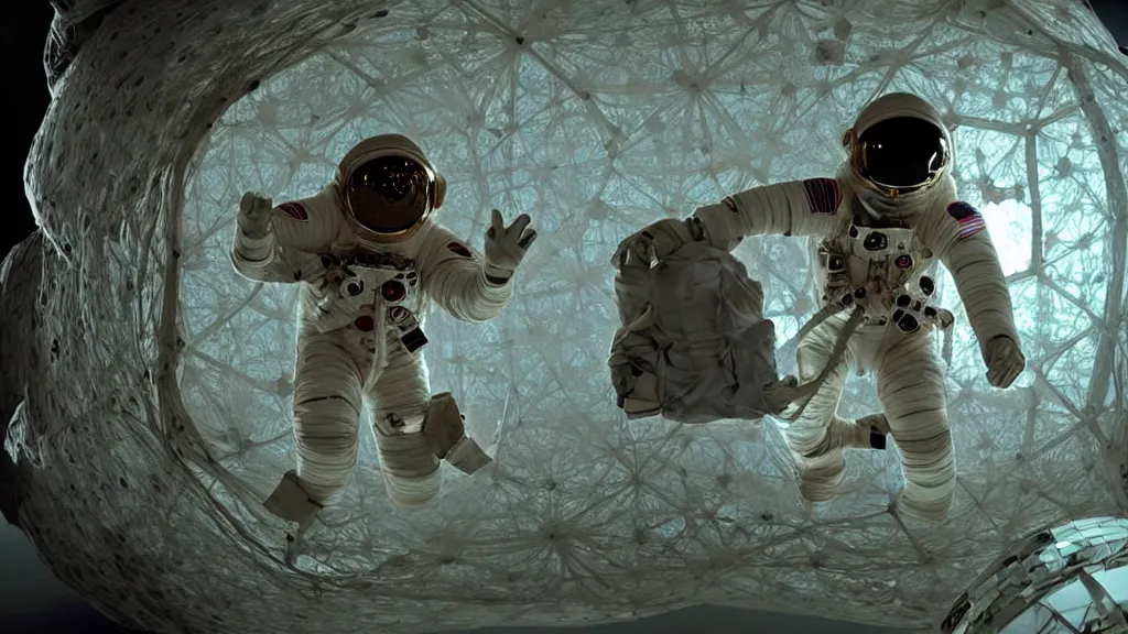 Image similar to a single astronaut eva suit interwoven with diamond 3d fractal lace iridescent bubble 3d skin and covered with insectoid compound eye camera lenses floats through the living room, film still from the movie directed by Denis Villeneuve with art direction by Salvador Dalí, wide lens,