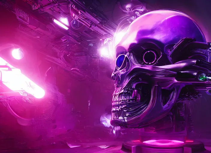 Image similar to a futuristic skull with glowing eyes and a purple background, cyberpunk art by android jones, behance contest winner, computer art, darksynth vaporwave, rendered in cinema 4 d