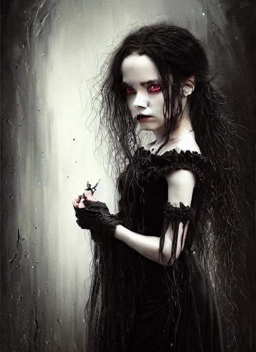 Image similar to highly detailed oil painting | very intricate | cinematic lighting | black, white and blood color scheme, dark background | portrait of a exquisite beautiful vampire little girl with long elegant tangles of black hair, eyes, gothic fog ambience, hyper realistic head, fantasy victorian art, in the style of greg rutkowski, zdizslaw beksinski, intricate, alphonse mucha