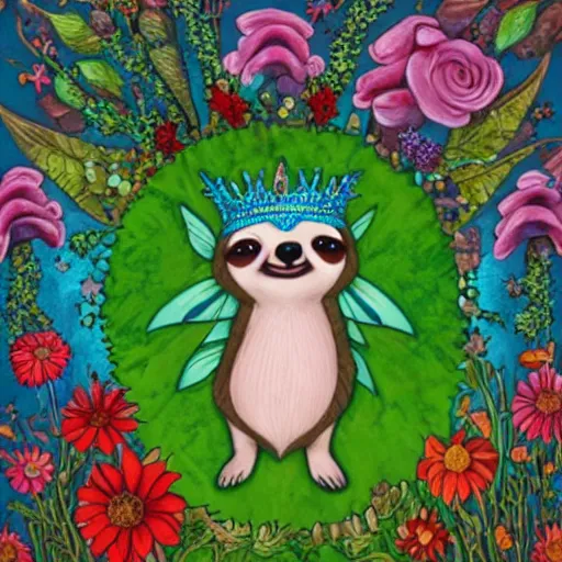 Prompt: fairy sloth with a crown of flowers by Jeffrey Smith and Erin Hanson and Chad Knight