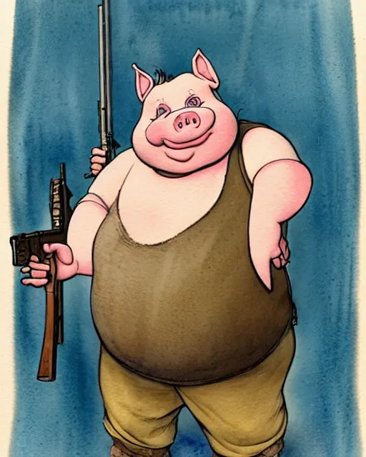 Prompt: a realistic and atmospheric watercolour fantasy character concept art portrait of a fat adorable dirty chibi porky pig wearing a wife beater and holding a rifle, by rebecca guay, michael kaluta, charles vess and jean moebius giraud