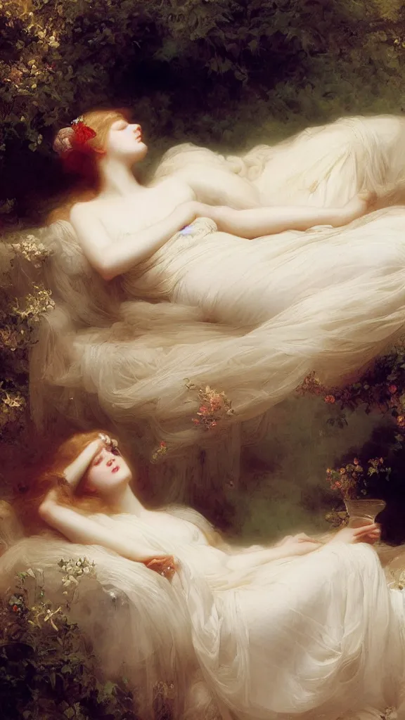 Prompt: blonde beautiful pale skin sleeping princess by franz xaver winterhalter and delphin enjolras and rebecca guay