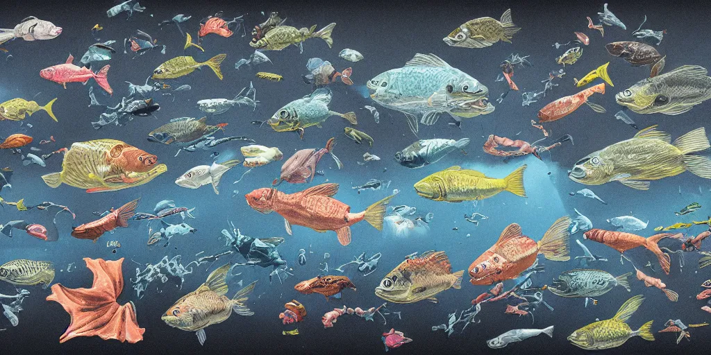 Image similar to full color page scan of vintage fish illustrations on black background, in matte painting, 2 d, kitbash, 4 k,