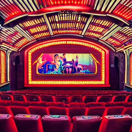 Image similar to an ornate art deco movie theater, dslr, beautiful, colorful,