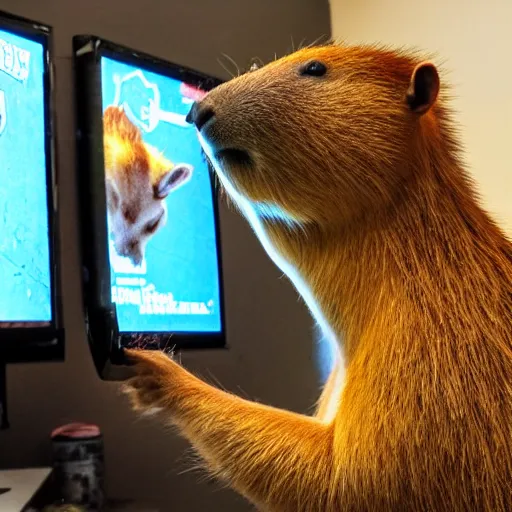 Prompt: a capybara playing video games