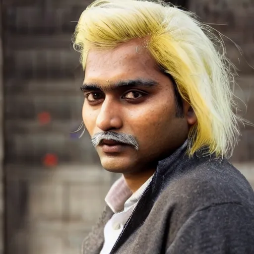 Image similar to an indian man with bleached blonde hair