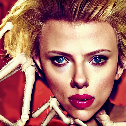 Prompt: fashion photo blonde scarlett johansson with six arms as a spider villian in cleveland, character concept, character full body portrait