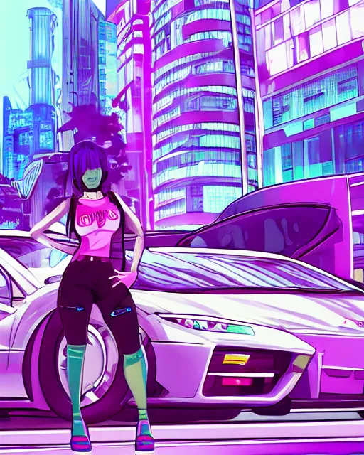 Image similar to cel shaded art of a pretty blue haired girl standing next to a purple lamborghinil, jet grind radio graphics, cyberpunk city street background