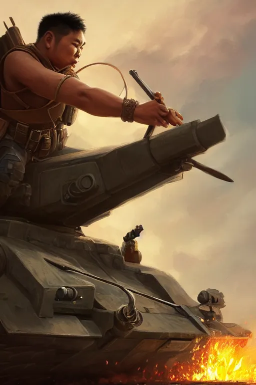 Image similar to a filipino man sitting on a tank holding a scepter and eating popcorn, highly detailed, d & d, fantasy digital painting, trending on artstation, concept art, sharp focus, illustration, global illumination, ray tracing, realistic shaded, art by artgerm and greg rutkowski and fuji choko and viktoria gavrilenko and hoang lap