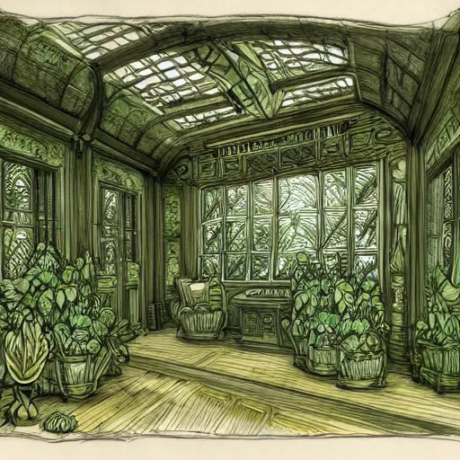 Prompt: annotated highly, detailed and intricate, sketch of the inside of a carriage cabin full of green plants, marker concept art style rendering, concept art, half blueprint, trending on artstation, intricate details, center frame, annotations