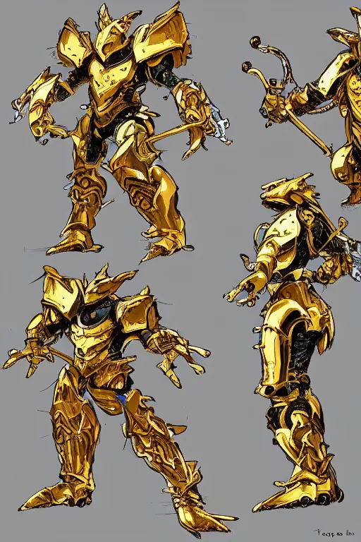 Prompt: an anime showing the new golden armor zodiac Knight by tatsuya Yoshikawa artist Rendering the frog constellation armor . Sharp focus, full of details, by utsurowazaru mono and jet set radio , ,concept art, trending on artstation and cell shading