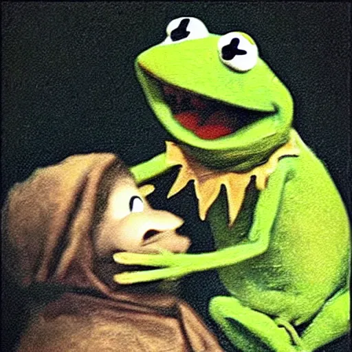 Image similar to “Kermit the Frog Devouring His Son” by Francisco Goya, fresco, horror