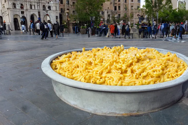 Image similar to a public fountain filled with macaroni and cheese