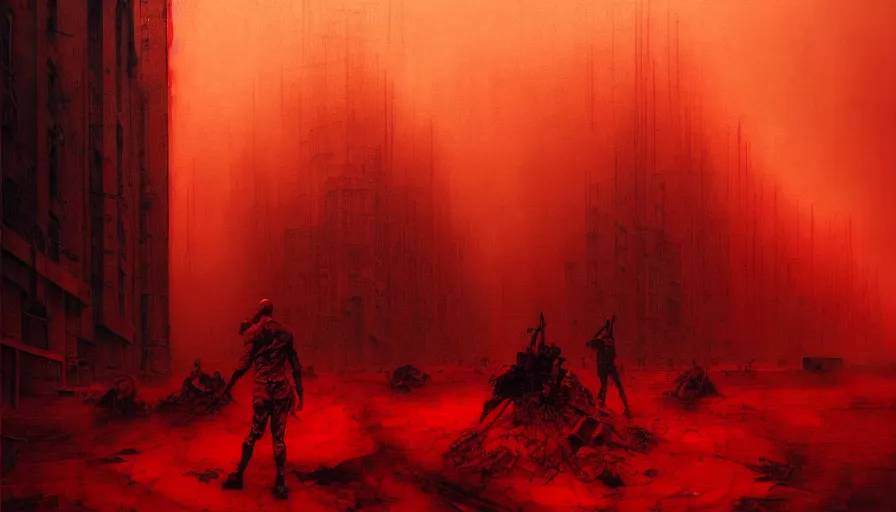 Image similar to only with red, soviet communism horror city apocalyptic atmosphere with soviet flag, in the style of beksinski and rodcenko and yue minjun and cory loftis, intricate and epic composition, red by caravaggio, highly detailed, masterpiece, red light, artstation, art nouveau