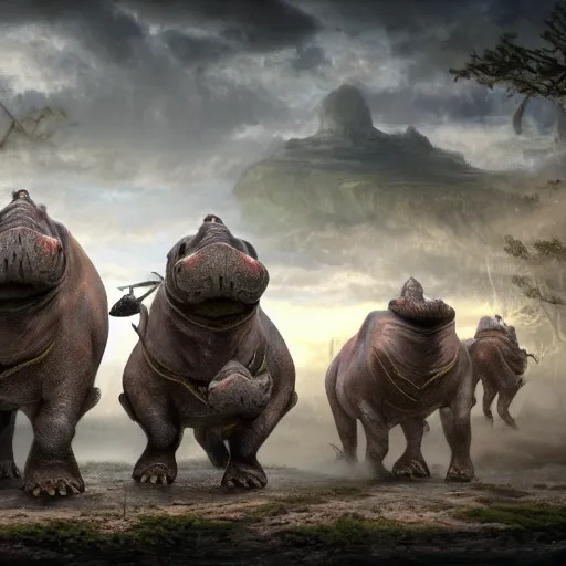 Image similar to fantasy art 4 k photo of knight armored hippos ready for battle