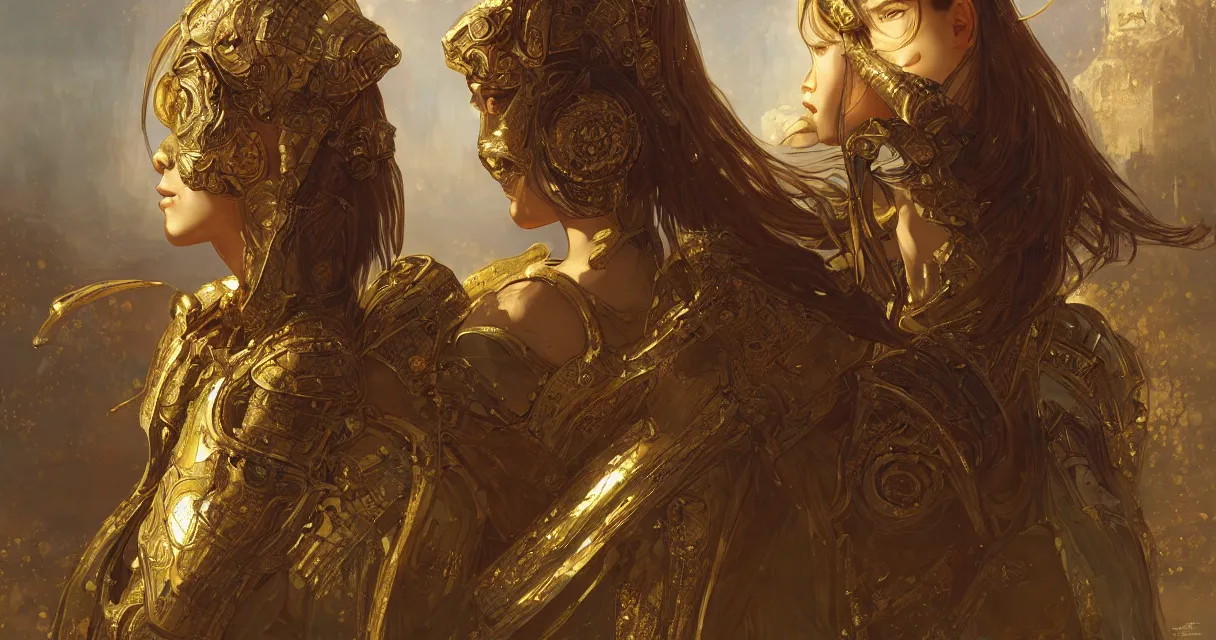 Image similar to portrait knights of zodiac girl, golden reflected armor, in ruined agora of athens, ssci - fi and fantasy, intricate and very very beautiful and elegant, highly detailed, digital painting, artstation, concept art, frostbite engine, smooth and sharp focus, illustration, art by tian zi and wlop and alphonse mucha