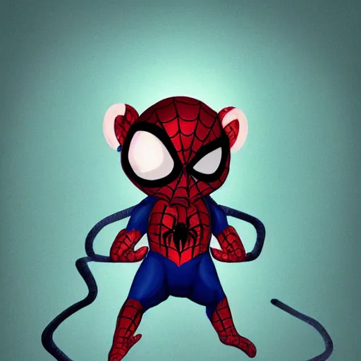 Image similar to a rat as spider man ,cute character, chubby, chibi style ,full body , foggy, glowing effect, golden ratio, rule of thirds, artstation, devianart, galaxy