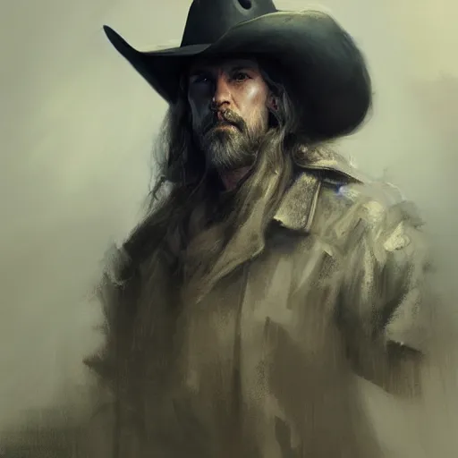 Prompt: portrait of a man with a long duster, almost grey hair and a cowboy hat, harsh good looking face, drawn by Ruan Jia, fantasy art, dramatic lighting, digital art,highly detailed