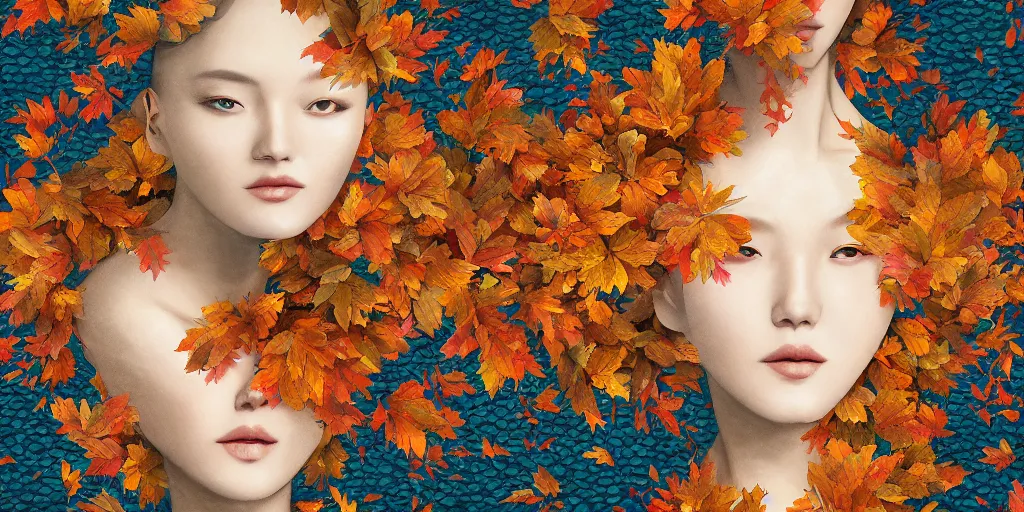 Image similar to breathtaking detailed concept art painting kaleidoscope art deco pattern of blonde faces goddesses amalgamation autumn leaves, by hsiao - ron cheng, bizarre compositions, exquisite detail, extremely moody lighting, 8 k