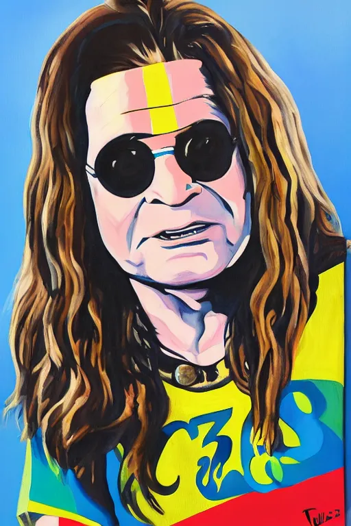 Image similar to a painting of ozzy osbourne wearing a brighton and hove albion shirt, digital art