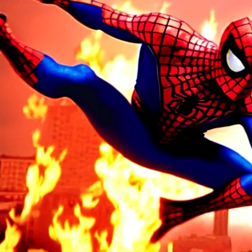 Prompt: cinematic shot from the newest movie trailer of spiderman doing a flip out of a burning building