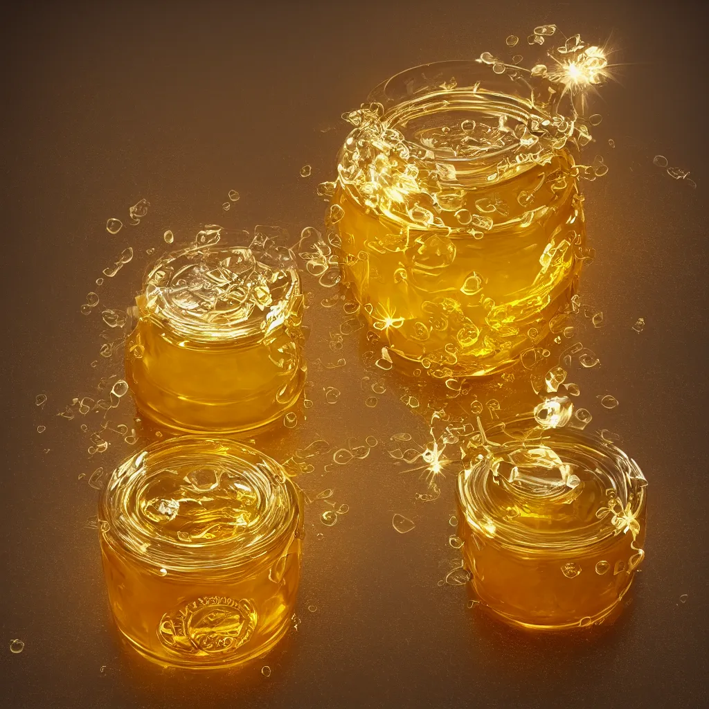 Prompt: elaborate honey jar, golden glistening, light bloom, octane render, product photography, studio photography