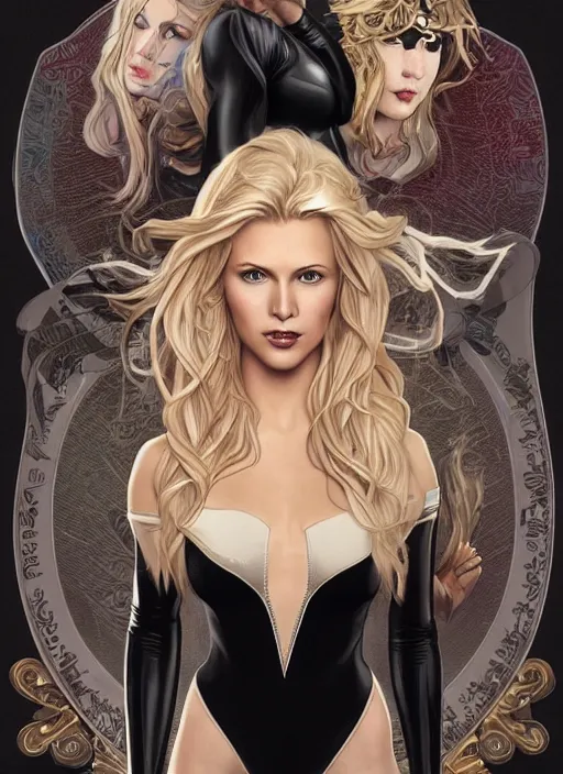 Prompt: portrait of slim young woman mischievous face and long blonde wavy hair dressed as a superhero in her early twenties, posing with her arms tucked behind her back, black canary, tight fit leotard, curvaceous, intricate detailed face, shiny, art by joshua middleton and greg rutkowski and alphonse mucha, dramatic lighting, unreal engine, 8 k