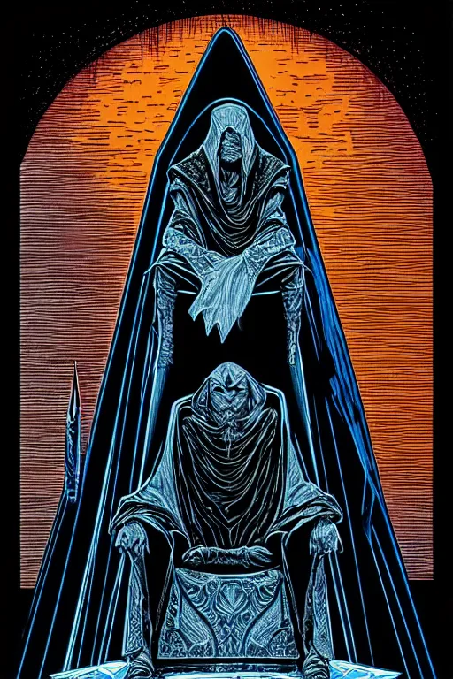 Image similar to cloaked wizard sitting in a throne, high details, intricately detailed, by vincent di fate, inking, 3 color screen print, masterpiece, trending on artstation,, sharp, details, hyper - detailed, hd, 4 k, 8 k