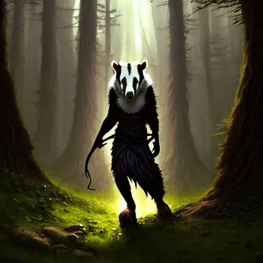 Image similar to Badger druid, forest, magic the gathering artwork, D&D, fantasy, cinematic lighting, centered, symmetrical, highly detailed, digital painting, artstation, concept art, smooth, sharp focus, illustration, volumetric lighting, epic Composition, 8k, art by Akihiko Yoshida and Greg Rutkowski and Craig Mullins, oil painting, cgsociety