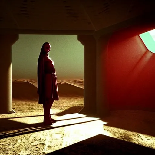 Image similar to colour aesthetic highly detailed photography scene, characters with hyperrealistic highly detailed faces. from dune ( 2 0 2 1 ) by alejandro hodorovski and denis villeneuve and gregory crewdson style with many details by andrei tarkovsky and caravaggio in sci - fi style. volumetric natural light hyperrealism photo on red dsmc 3 system