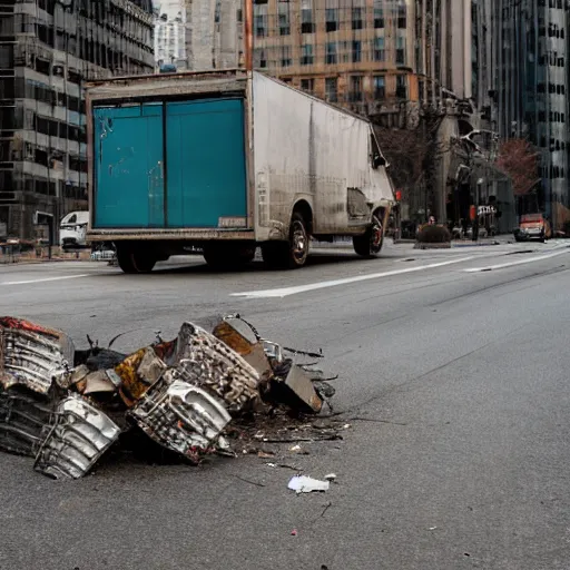 Prompt: box-truck with riveted armor plates in post apocalyptic city downtown, little debris on the road, one bent sign post with rusty danger sign on the side of the road