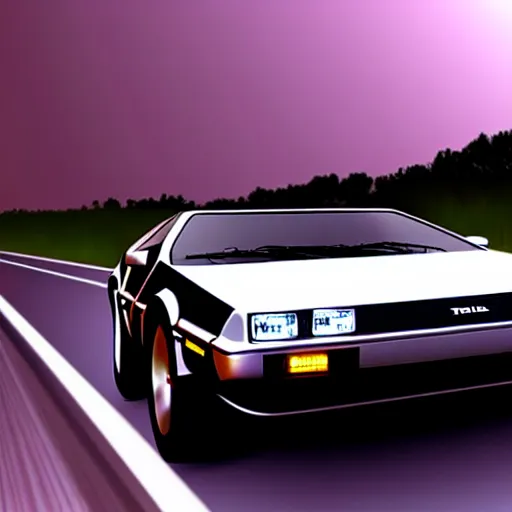 Prompt: futuristic delorean time machine at night in the rain driving on the highway