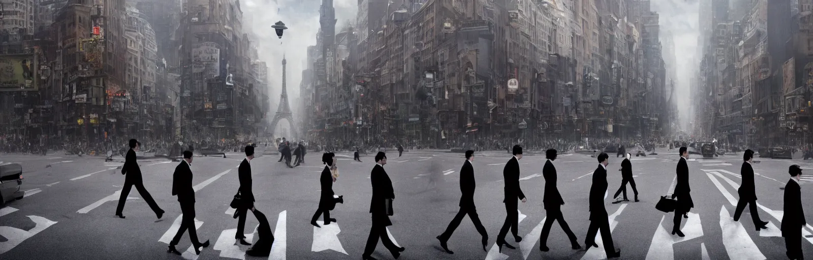 Prompt: People crossing the street from the movie Inception by Christopher Nolan, recursive, surreal, steam punk, highly detailed, smooth, cinematography, high contrast, sharp focus, dynamic lighting, 4k, by Rene Magritte